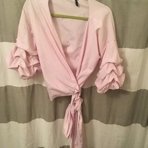 Pink And White Ruffled Crop Top With Tie